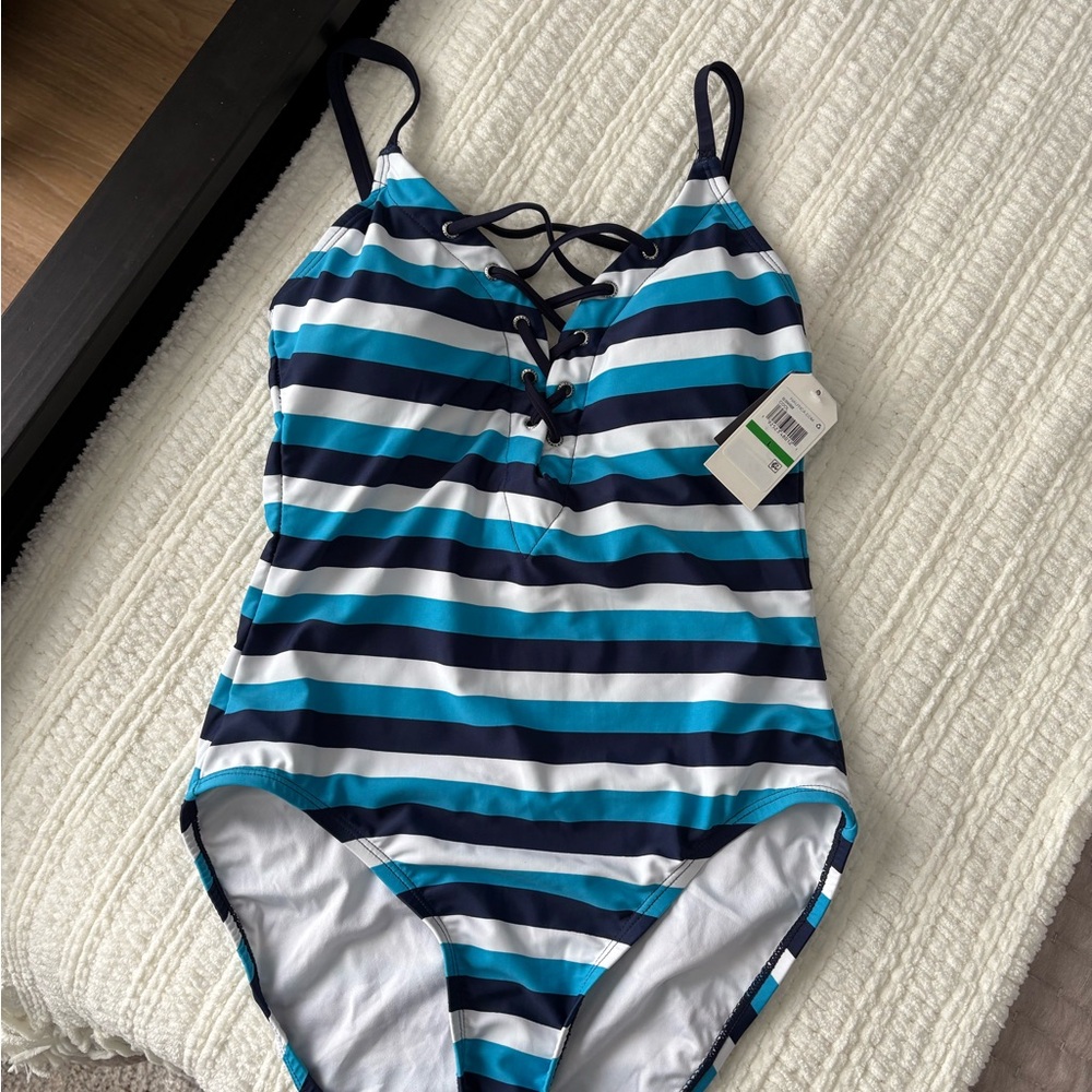 Nautica Blue and White One Piece Swimsuit Classic Stripes
